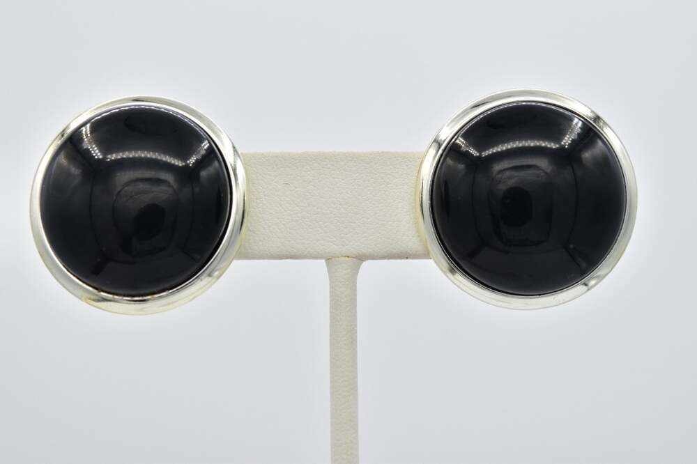 Vintage NOS Black Silver Round Domed Stud Earrings Oversized Chunky 80s 90s NS13